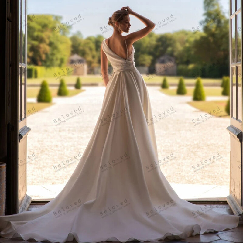 Gaun pernikahan anggun gaun pengantin A-Line Satin jubah belahan tinggi seksi leher-v untuk pesta Formal cantik Vestidos De Novia 2024