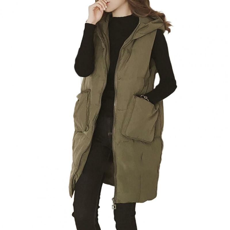 Colete sem mangas com capuz de poliéster feminino, casaco de colete longo com bolsos, monocromático, acolchoado de algodão, elegante, outono, inverno