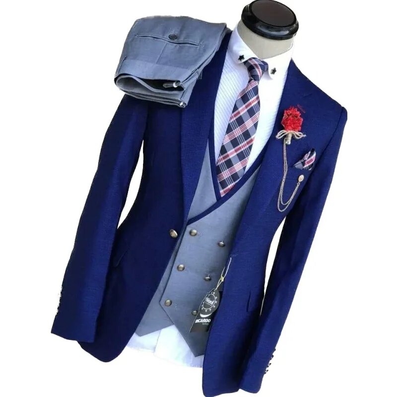 Trajes de negocios azul real para hombres, traje de novio de boda, de muesca solapa, chaleco de doble botonadura, ropa de fiesta de graduación