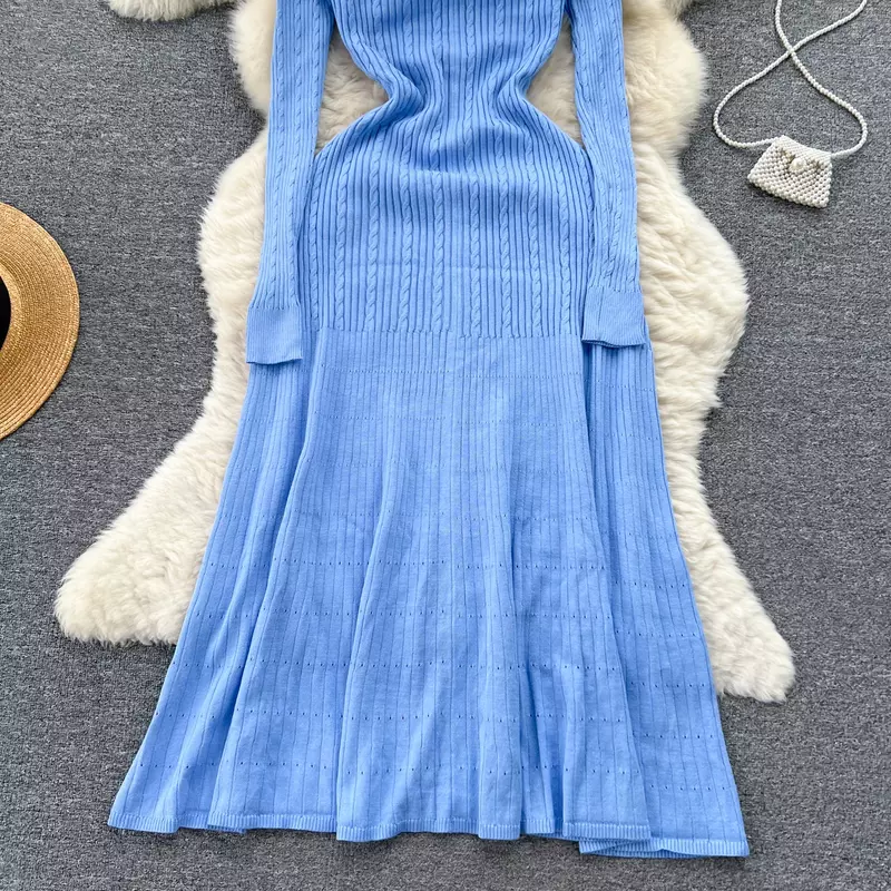 Элегантное трикотажное однобортное платье-трапеция с V-образным вырезом и длинным рукавом с вышивкой Модный облегающий свитер пикантная Женская одежда для осени и зимы