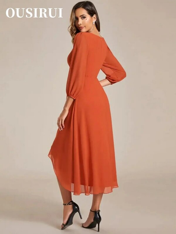 Ourirui rękawy plisowane falbany do kolan 2024 szyfonowa spalona pomarańczowa sukienka druhna proste suknie wieczorowe dekolt w serek długie