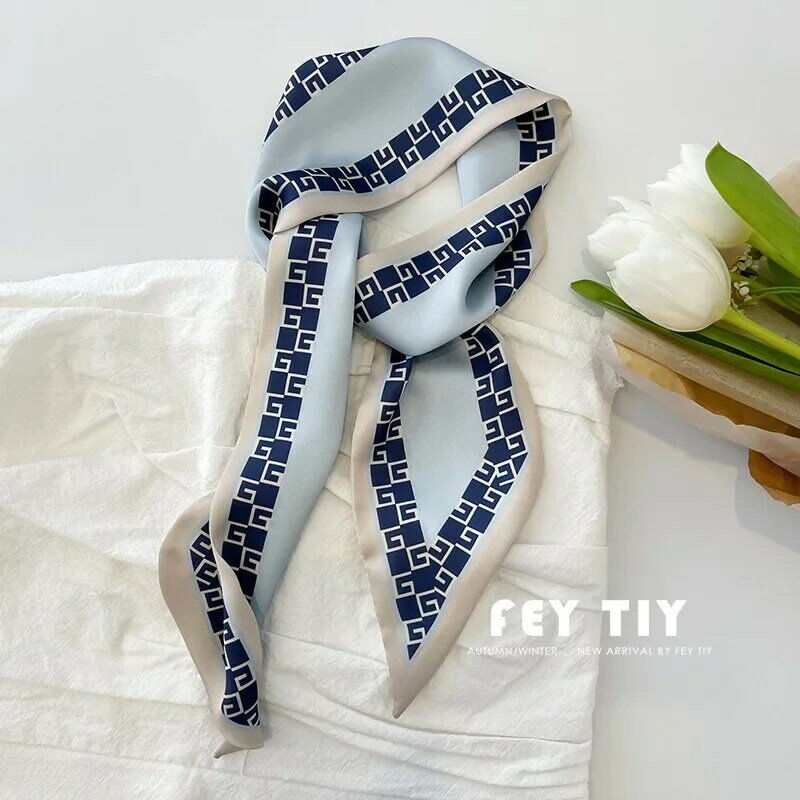 Misty blue small silk scarf women's ins style long streamer tie bag hair tie silk scarf spring and summer