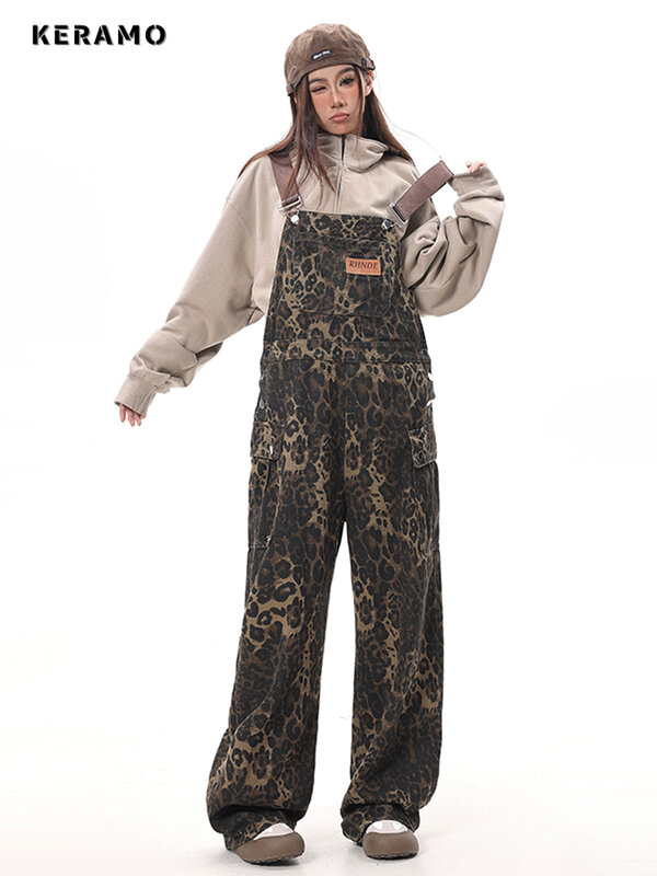 여성용 빈티지 스타일 캐주얼 포켓 점프수트, 느슨한 민소매 레오파드 무늬 바지, Y2K 헐렁한 데님 롬퍼, 2024 여름