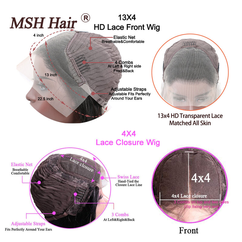 Perruque Lace Closure Wig Remy brésilienne – MSH, cheveux naturels, Body Wave, 13x4, perruque Lace Closure transparente, pre-plucked, 4x4, pour femmes