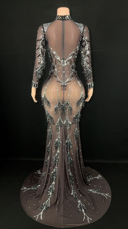 Robe moulante en dentelle transparente avec glands personnalisés, paillettes à haute élasticité, robe de soirée d'anniversaire sexy, performance longue, nouveau