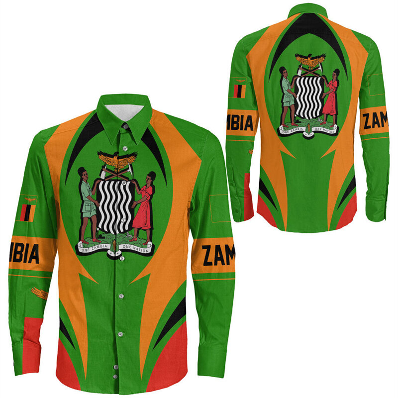 잠비아 국기 지도 남성용 3D 프린트 긴팔 셔츠, 하와이안 남성 셔츠, 아프리카 라펠 블라우스, 팔 코트 상의, 패션 의류