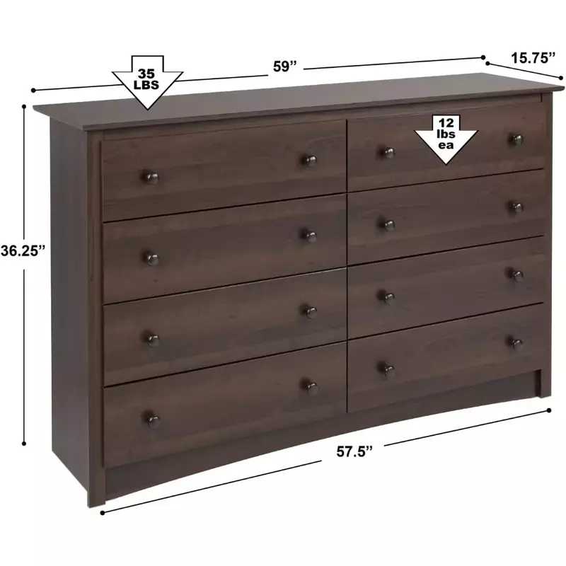Fremont 8 drawer bedroom double dressing table, 15.75 inches deep x 59 inches wide x 36.25 inches high, espresso dressing table