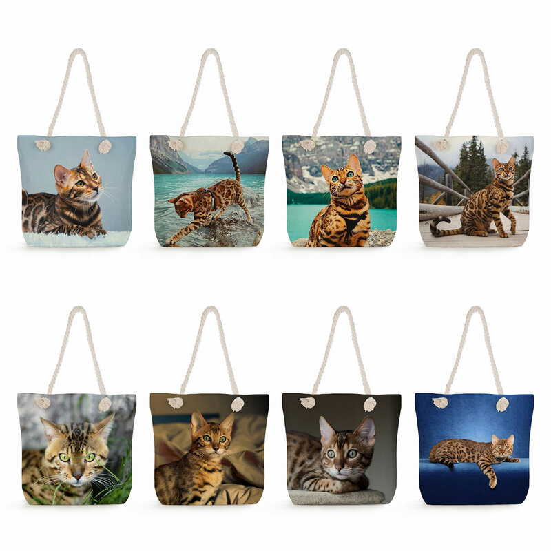 Tas bahu wanita motif kucing Bengal tas tangan wanita kasual luar ruangan kapasitas tinggi tas jinjing perjalanan pantai tas belanja ramah lingkungan