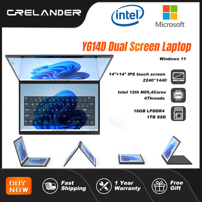 Crelander 14 "10.5" Yoga-Laptop Intel 12. Generation n95 Prozessor m2 ssd 2k Dual-Touchscreen-Laptop mit Handschrift Mini-PC