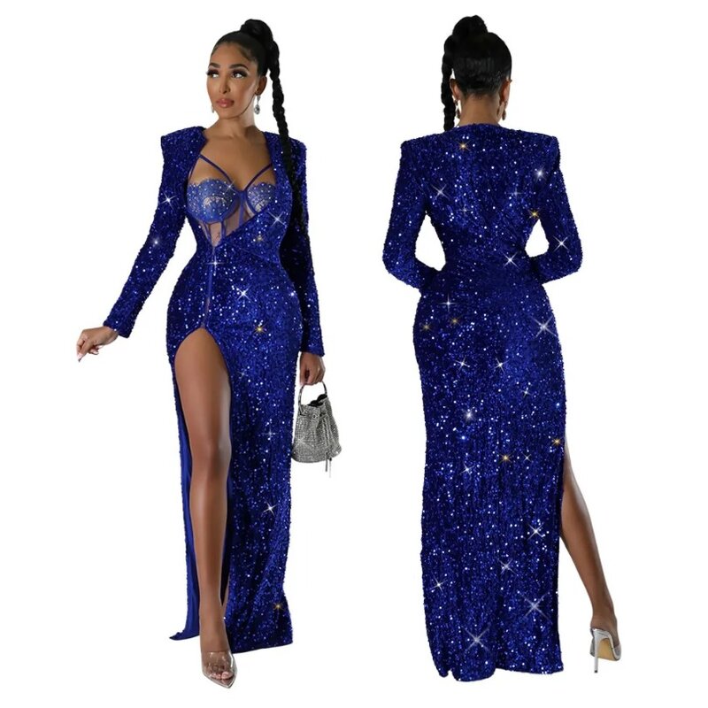 African Party Evening Dresses for Women Spring Summer 2024 Long Sleeve V-neck Sequin Long Dress with Jumpsuit Africa Clothing