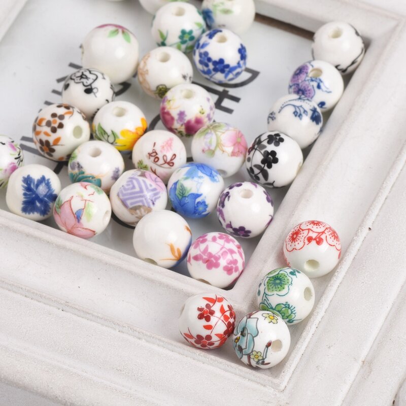 10 sztuk 10mm 12mm wzory kwiatowe okrągłe ceramiczne porcelany koraliki dystansowe luzem koraliki dla DIY rzemiosło bransoletka tworzenia biżuterii 1 # ~ 44 #