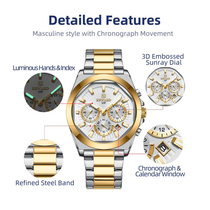 REWARD VIP New Quartz Watches for Men Business Wrist Watch Stainless Steel Strap Chronograph Luminous Waterproof Date Man Watch