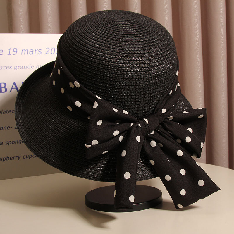 Chapéu de grama de bolinhas para mulheres, chapéu alto plano, borda rolada, proteção solar, saída para mamãe, moda verão
