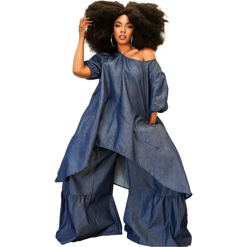 Elegante roupa dashiki africana feminina, conjunto de 2 peças, meia manga, top de poliéster, Calça longa, roupa combinando, 2023