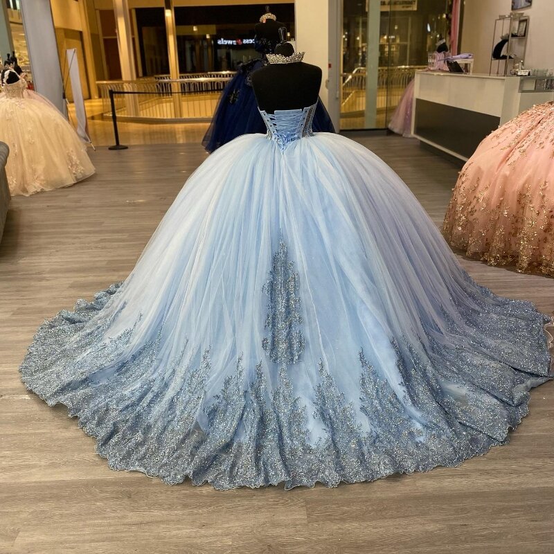 Платье женское кружевное с 3d-аппликацией, милое бальное платье небесно-голубого цвета для выпускного вечера, 16 цветов, с бусинами, кристаллами, накидкой, со шнуровкой, выпускной