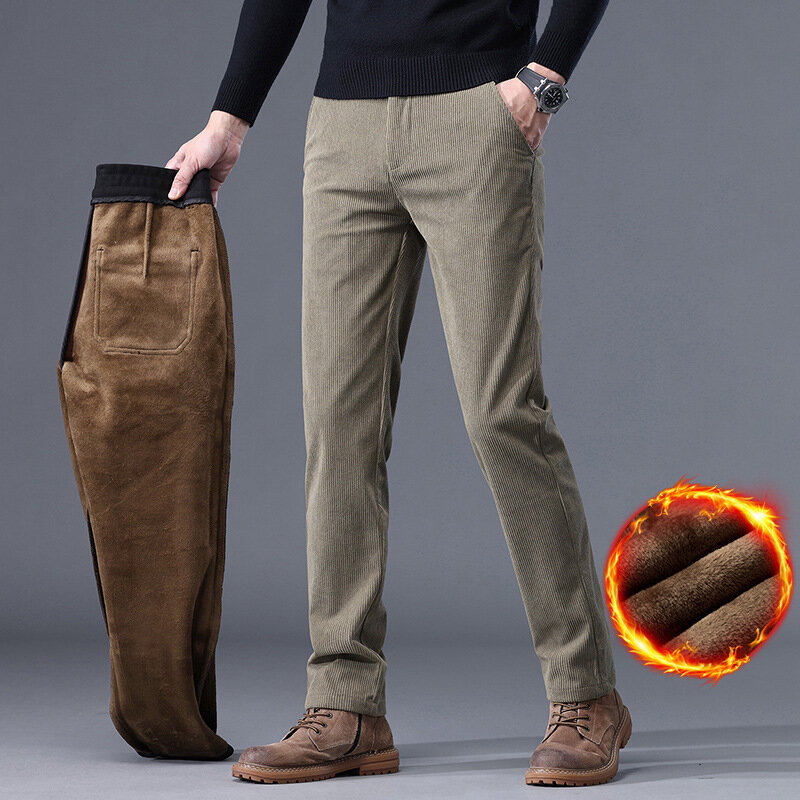 2023 мужские теплые зимние теплые плюшевые брюки, мужские деловые свободные прямые вельветовые повседневные штаны, мужские флисовые плотные длинные брюки