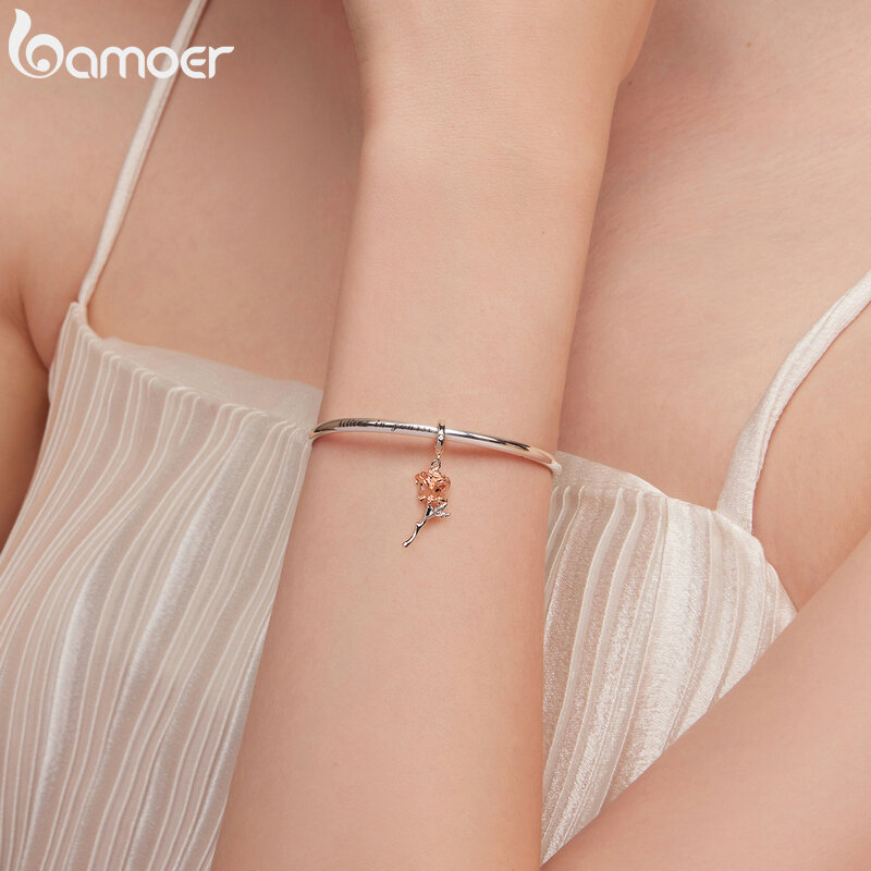Bamoer-Colgante de flor Rosa 3D para pulsera o collar, Charms de Plata de Ley 925 de Color oro rosa, DIY, girasol