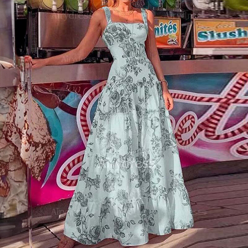 Vestido estampado floral para mulheres, saia longa com cinta de espaguete, cintura alta, estilo boêmio, verão, 2024