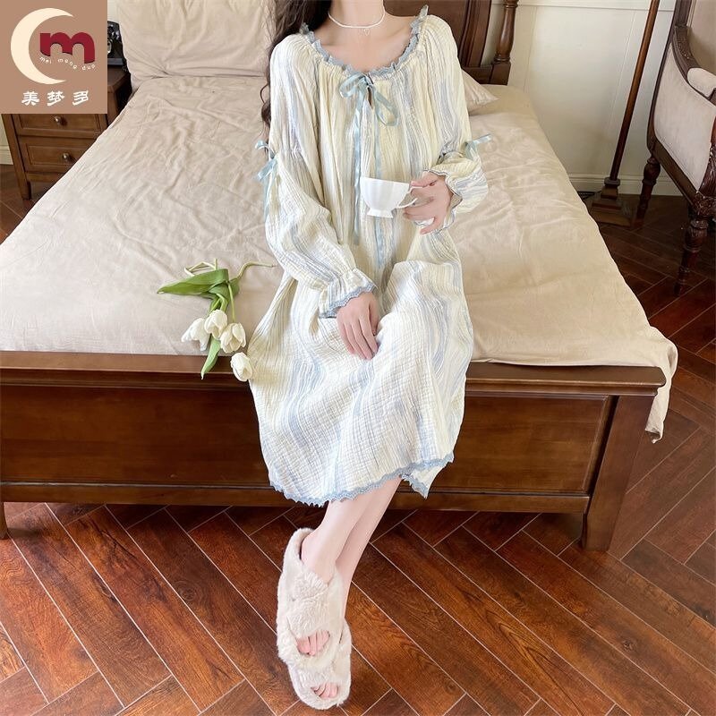 Pijamas 100% de algodón para mujer, vestido de primavera y otoño de manga larga, Kawaii, se puede usar fuera, suelto, Color sólido, Verano