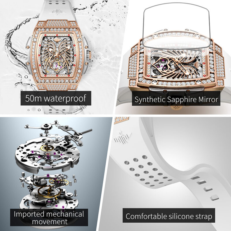 OUPINKE 여성용 럭셔리 패션 시계, 러브 다이아몬드 다이얼, 오리지널 자동 기계식 시계, 방수 사파이어