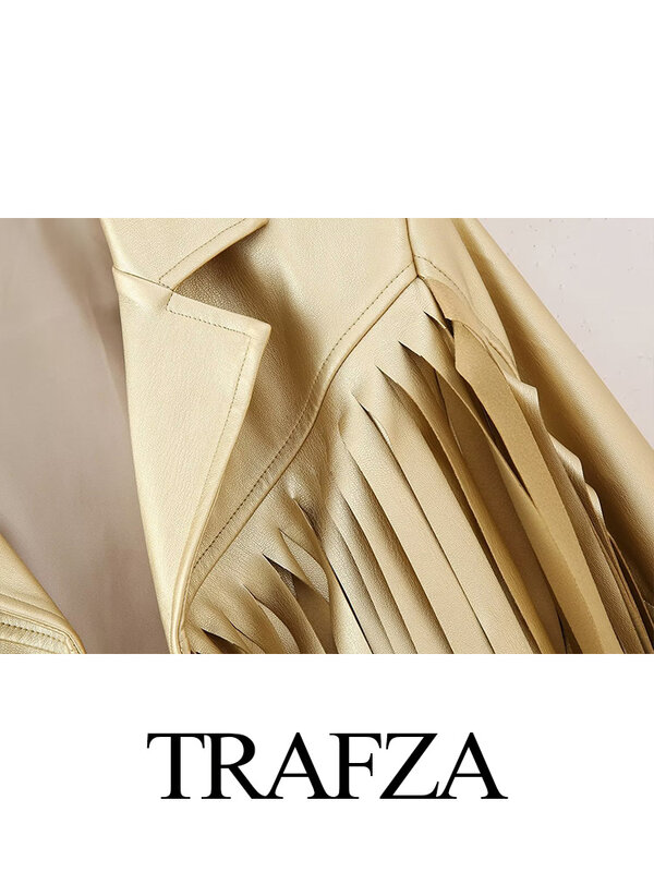 TRAFZA jaket gaya jalanan wanita, jaket kasual potongan emas kulit imitasi lengan panjang dengan rumbai atasan cantik