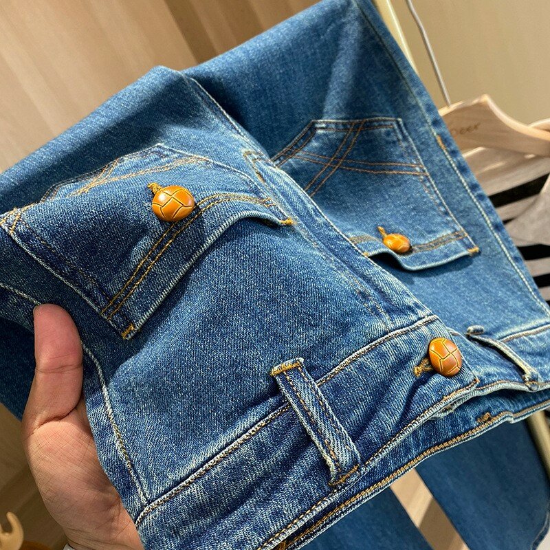 French Retro Jeans Women's Ultra High Waist Straight Floor-Mopping Pants Front Pocket Summer 2024 New Spring And Autumn Design