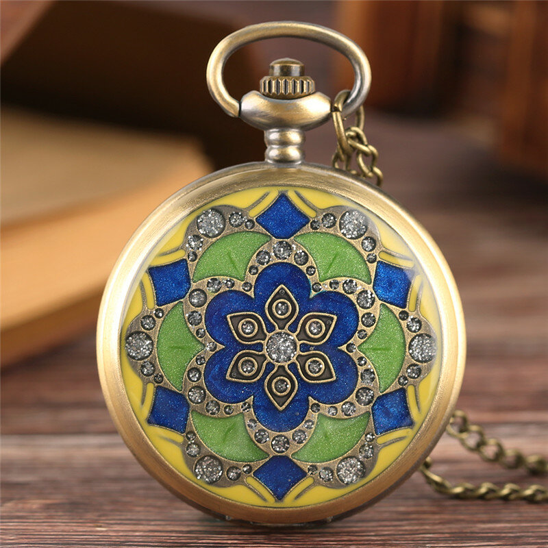 Staromodny zegarek kieszonkowy z kwiatem projekt z kryształem mężczyźni kobiety kwarcowy ruch zegarki cyfry arabskie naszyjnik naszyjnik prezent