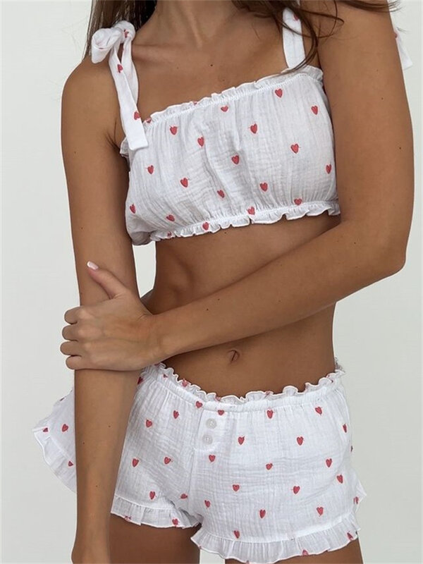 Hirigin-Conjunto de pijama con estampado de corazón para mujer, Top corto con tirantes y botones, ropa de calle de 2 piezas, verano, 2024