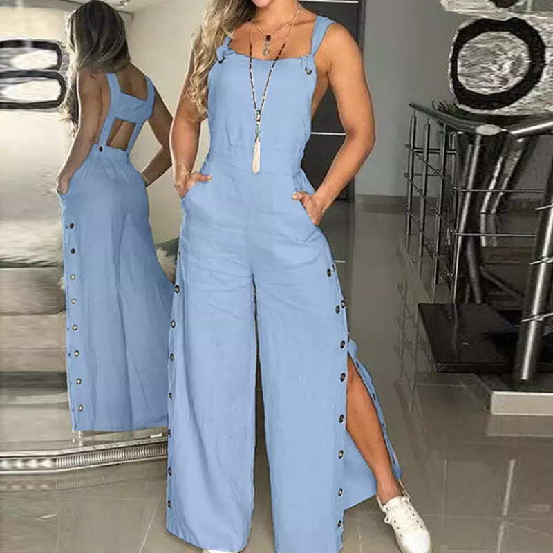 2024 New Solid Color Sleeveless Side Pocket Casual Wide Leg Side Button Dress Jumpsuit Women   Jumpsuits