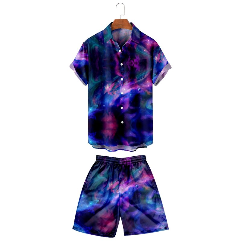 2022 Mannen Set Gedrukt Gestikt Revers Korte Mouw Casual Shirt Strand Shorts Zomer Straat Slijtage Hawaii Nebula Mannen