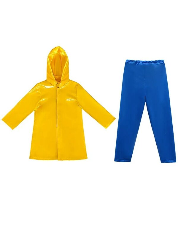 Disfraz de fantasma de Halloween para niños y madres, traje de Cosplay Unisex, Top amarillo, pantalones azules, abrigo de lluvia, traje de escenario, nuevo