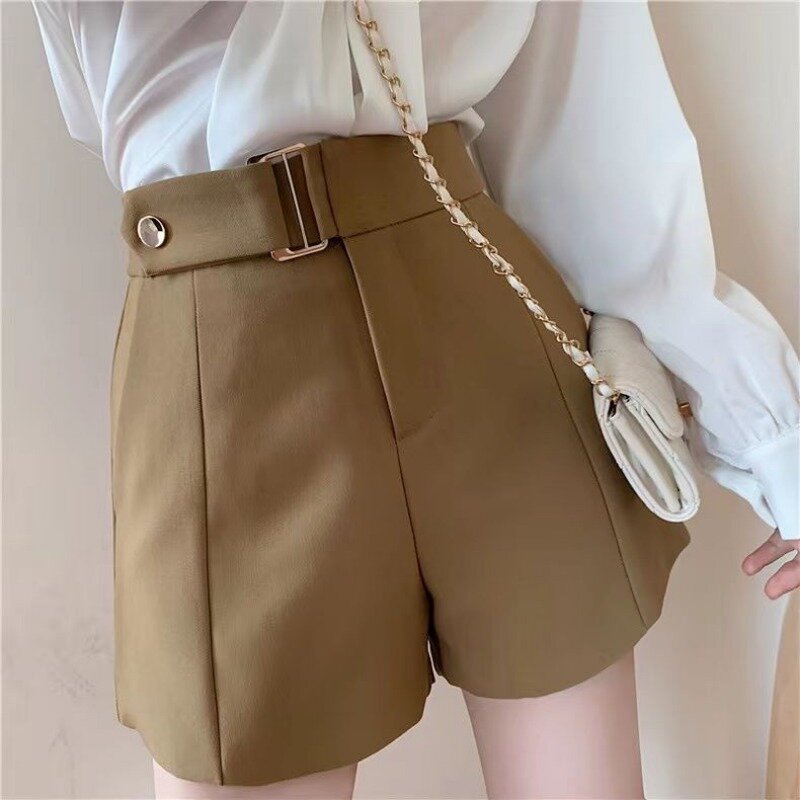 Pantalones cortos de cintura alta para mujer, diseño sólido, estilo coreano, elegante, Vintage, para ir a la oficina, para primavera