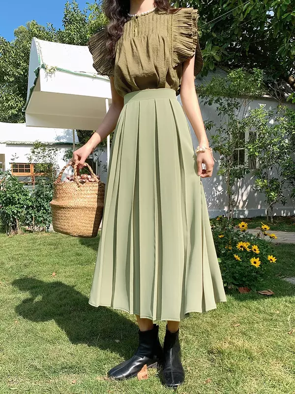 Falda plisada de cintura alta para primavera y verano, traje de sensación de flacidez, longitud media, temperamento versátil, línea A, 2024