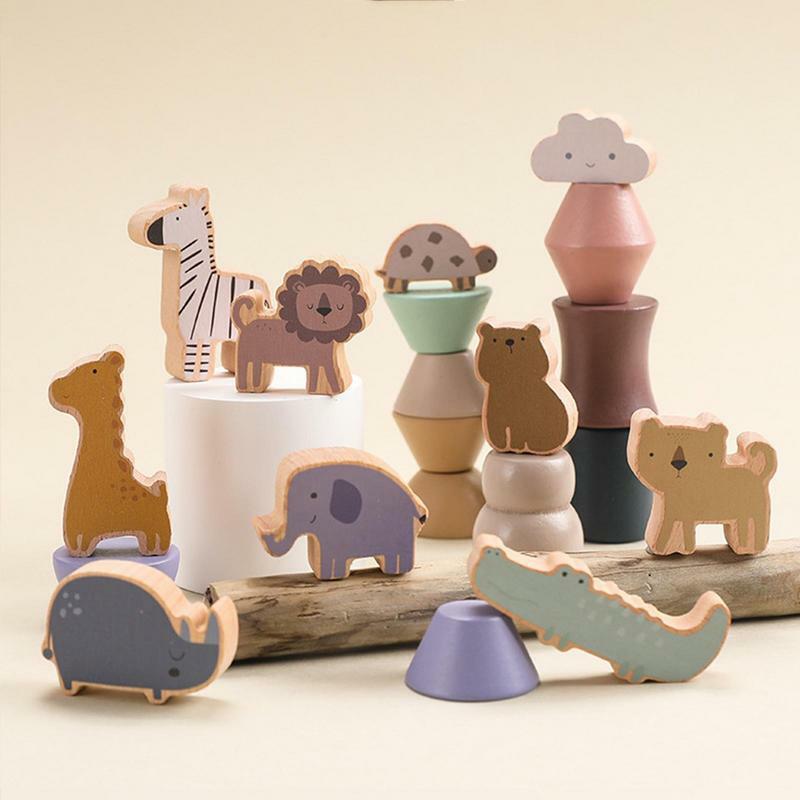 Stos drewniane zwierzęta małych dzieci zwierzęta drewniane bloki do układania w stosy zabawki umiejętności motoryczne Puzzle Montessori balansujące zabawki