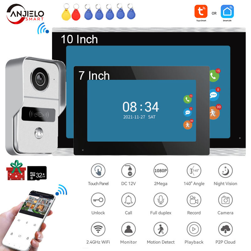 Дверной видеодомофон TUYA 1080P, Wi-Fi, сенсорный экран 7/10 дюйма