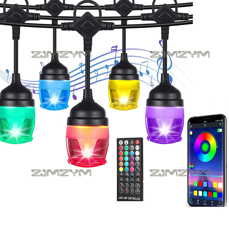 Cadena de luz LED activada por voz, Bombilla colgante de siete colores, RGB, resistente al agua, con Bluetooth, para exteriores