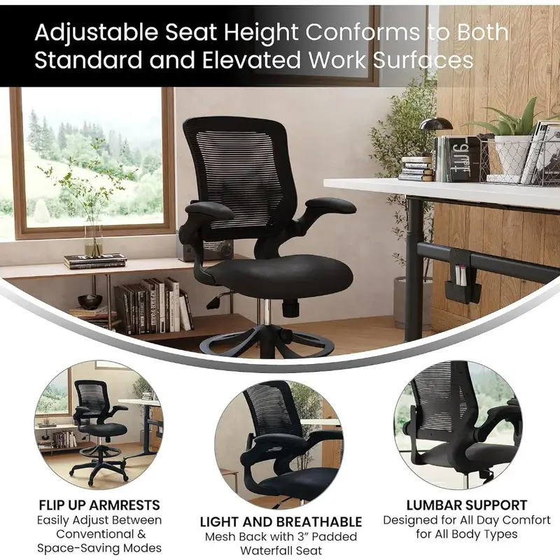 Office chair with swivel backrest with adjustable ankle loops, lumbar support and seat height, ergonomic mesh chair, black