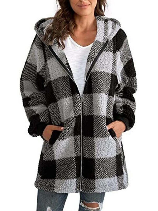 Осенне-зимнее клетчатое пальто из искусственного меха, женское плюшевое пальто, куртки с капюшоном, Женская плюшевая куртка с плюшевым мишкой