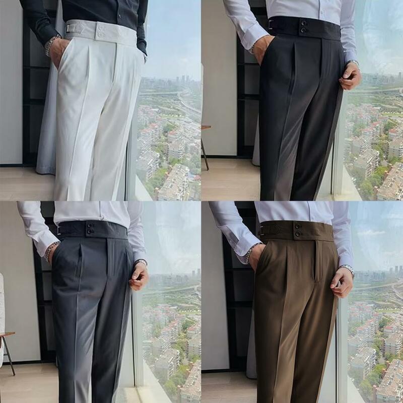 Calças vintage de perna reta masculinas, calça de cintura alta, terno de negócio slim fit, tecido respirável macio, calça clássica