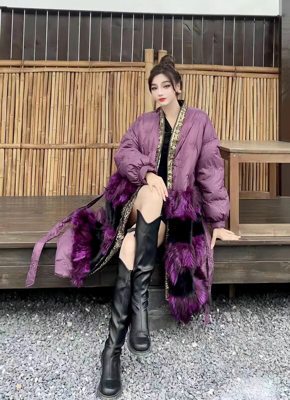 Zi Fairy mantel bulu angsa sejati, mantel pembungkus pinggang pelangsing fesyen longgar bordir industri berat versi Korea, 2024 baru wanita