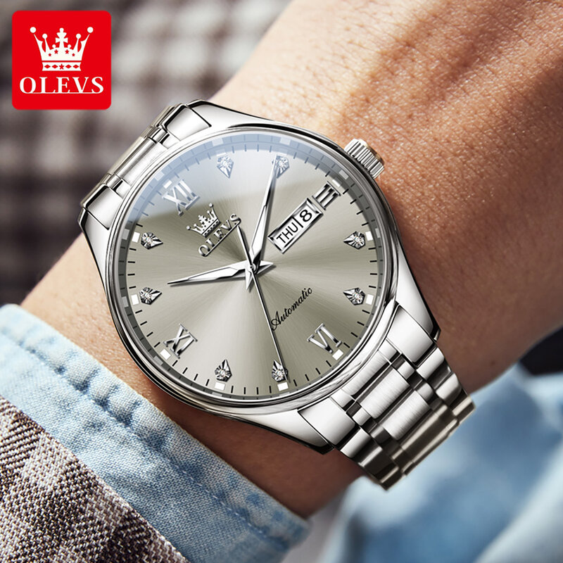 OLEVS แบรนด์ชั้นนำแฟชั่นนาฬิกากลไกสีเทาสำหรับผู้ชายสายสแตนเลสสตีลกันน้ำสุดหรูนาฬิกาออโตเมติกผู้ชาย reloj hombre