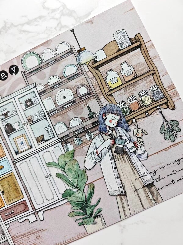 Plester hewan peliharaan Washi perempuan sudut jendela rumah antik untuk dekorasi pembuatan kartu DIY stiker rencana buku tempel
