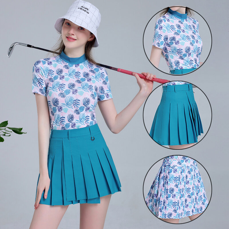 Summer Slim Pleated Golf Short Skirt Printing Sport Culottes Women Breathable Stand Collar Shirt Quick Dry Casual T-shirt Sets