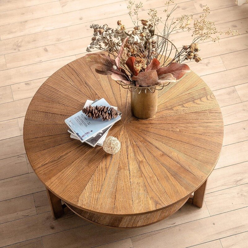 Meja kopi bulat kayu untuk ruang tamu, meja kopi rumah pertanian lingkaran 2 tingkat dengan penyimpanan, kopi pertengahan abad