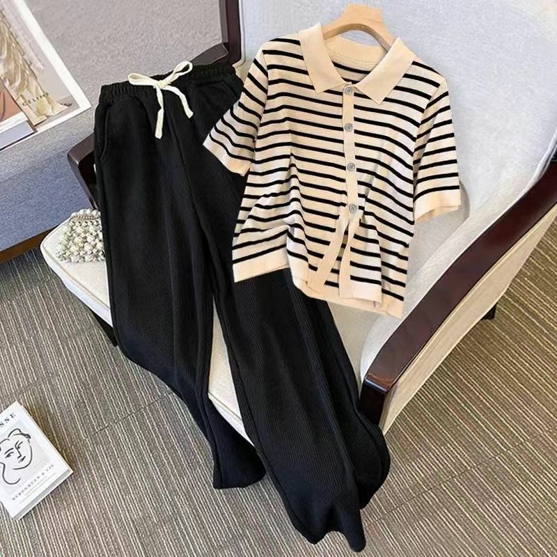2024 Summer New Large Size Slim and Simple Striped Polo Neck Knitted T-shirt Top Loose Wide Leg Pants Women's Two Piece Set