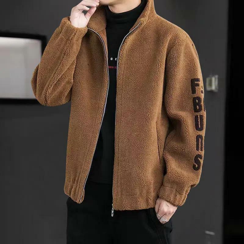 Trend Keep Warm Zipper Lamb Wool Y2k Pullover Korean Winter Men Sweatshirt Embroidery Letters Fashion Khaki Harajuku Male Coat
