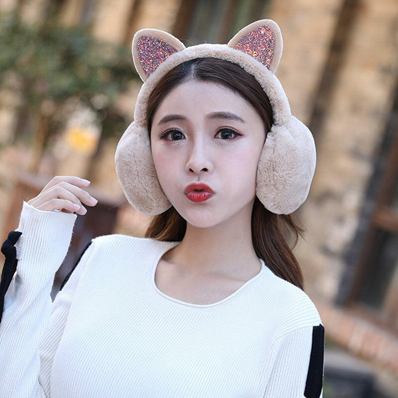 Lovely Women Girl Fur Winter Ear Warmer Cute Earmuffs Cat Ear Muffs Glitter Sequin Earflaps Soft Plush Headphones Warm Headband