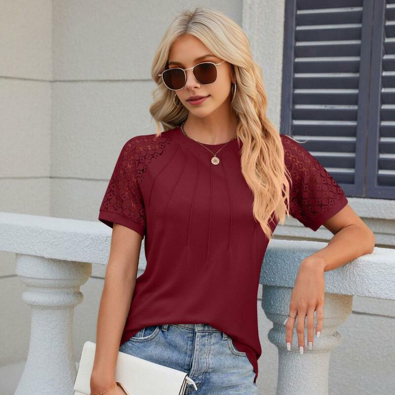 Breathable Short-sleeve Top Women T-shirt Stylish Women's Lace Splicing Tee Shirt Collection Casual Summer for Streetwear