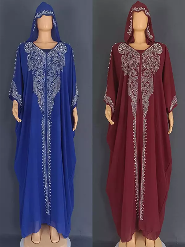 Vestido muçulmano para mulheres, Abaya com capuz, Diamond Jalabiya, Vestidos de festa Marrocos, Dubai Abayas, Kaftan, Long Robe, Conjunto de 2 peças