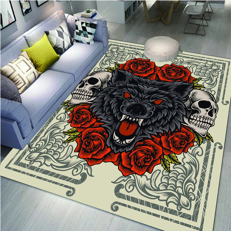 Wolf Carpet Bohemian Mandala Flower Area Rug for Living Room Bathroom Laundry Room Decor Wild Animal Doormat Non-Slip Floor Mat